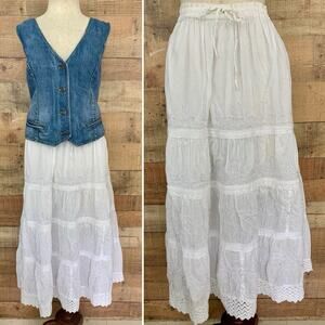Vintage 90s Y2K Boho Maxi Skirt White Embroidered Pull On Free Size Embroidered